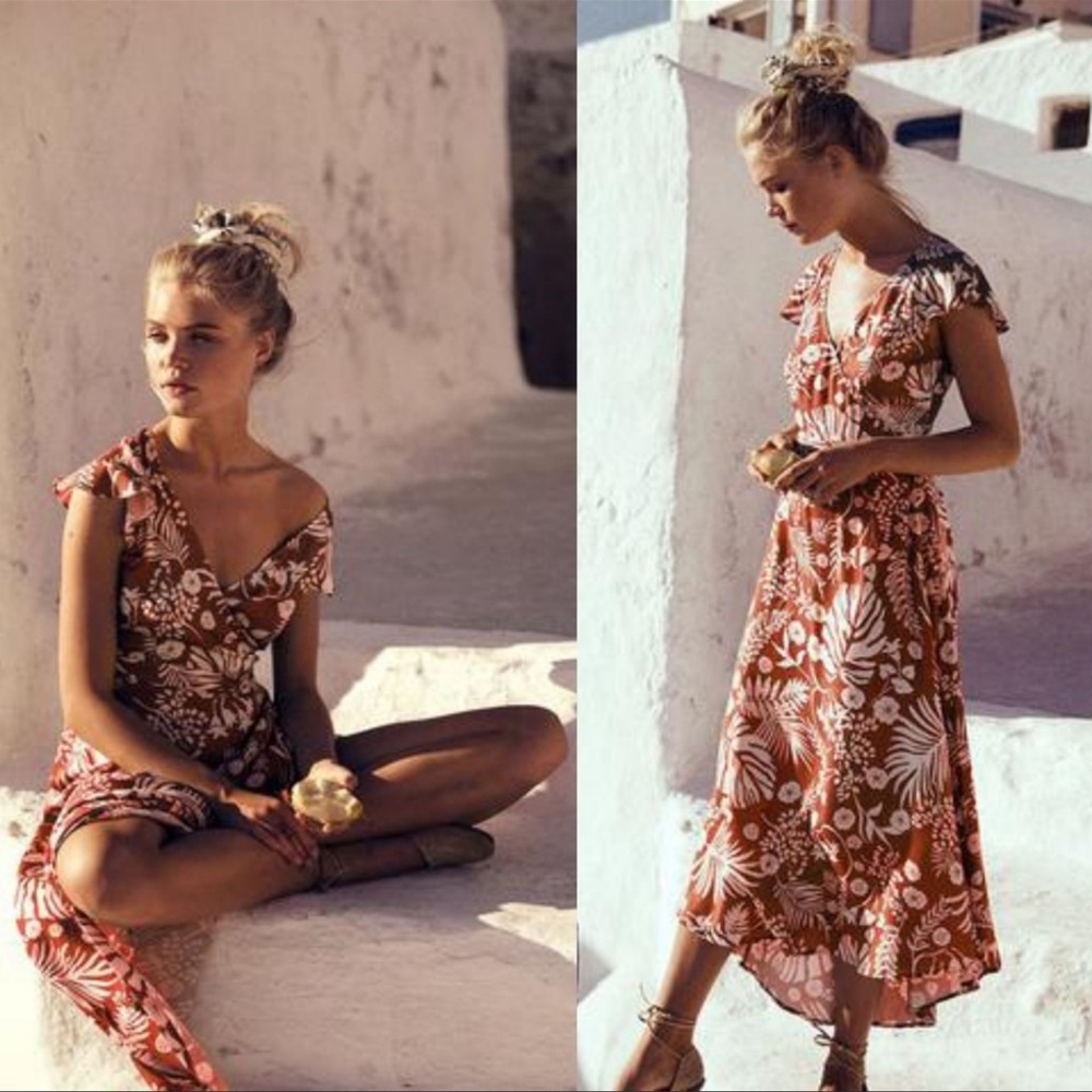 Arnhem Orange and White Tropical Floral Midi wrap Dress - Picture 2 of 9